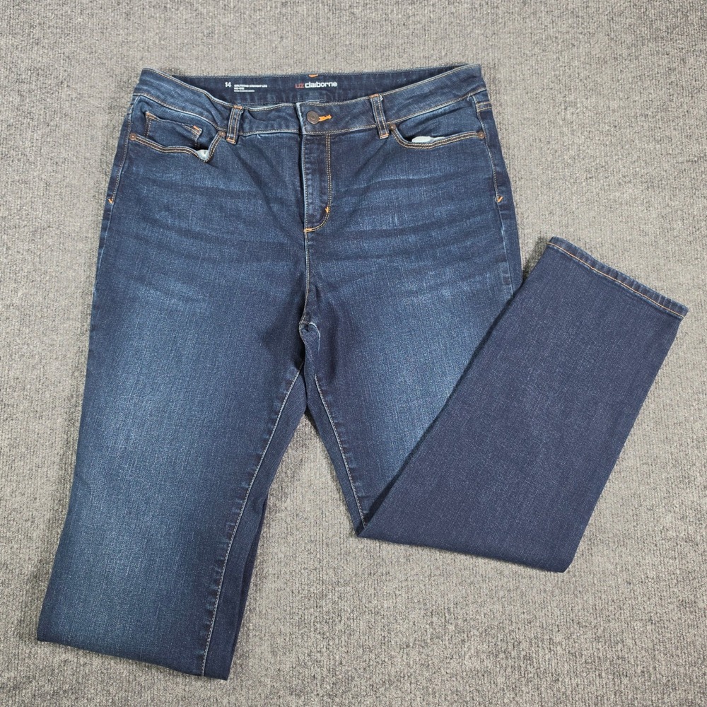 Liz Claiborne Womens 14 Girlfriend Straight Leg Jeans Mid Rise Dark Wash Denim